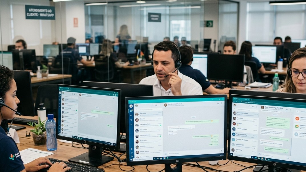 Central de atendimento funerária integrando WhatsApp e outros canais digitais em tela gigante